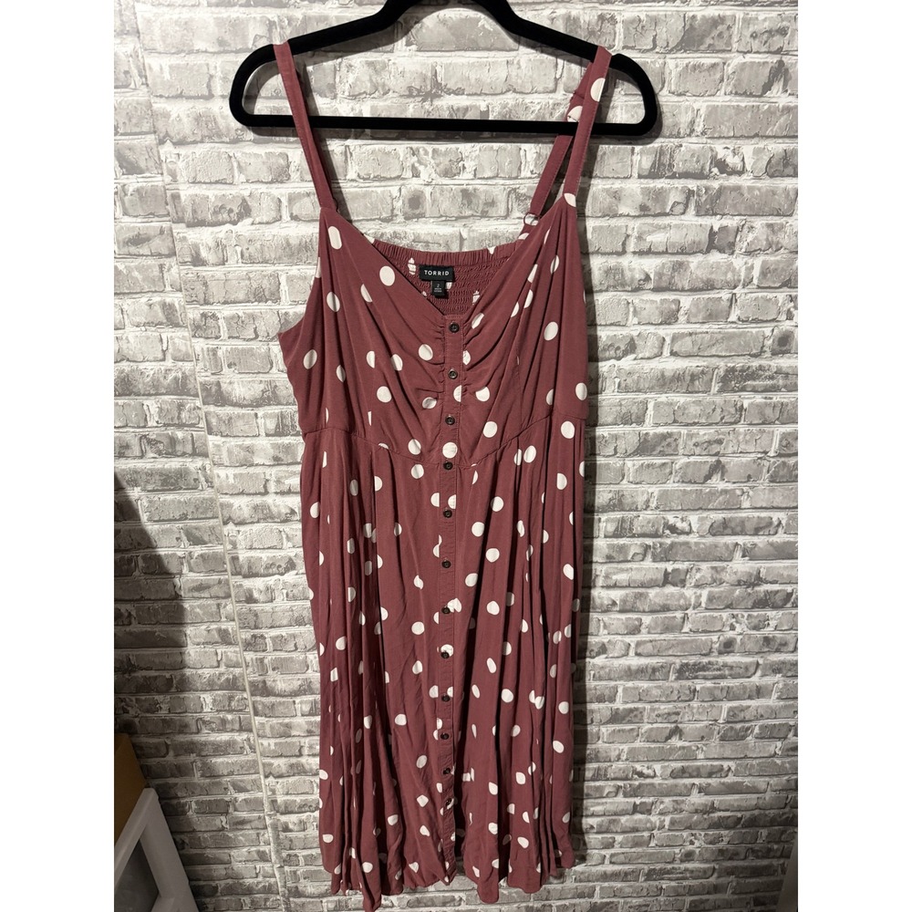 Torrid Mauve Pink Polka Dot Button Front Midi Dress Plus Size 2 Pockets Smocked